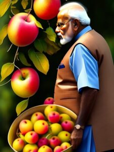 portrait of Narendra Modi picking apples from tree